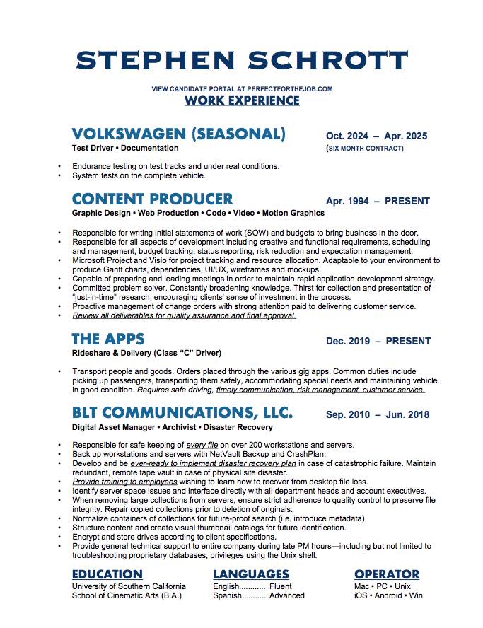 STEPHEN SCHROTT Work Experience